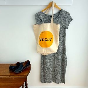 Gray knit t-shirt dress. Casual, form hugging, comfortable and flattering